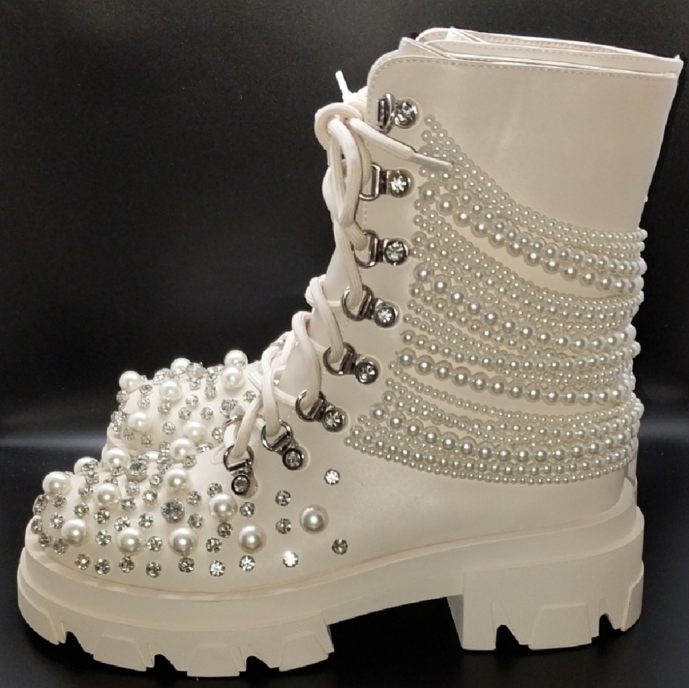Azalea Wang Twinkley Pearl Rhinestone Embellished Combat Boots shoes rave ankle
